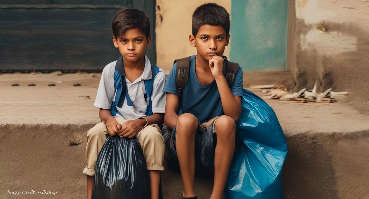 Two children sitting with garbage bag and wearing school bags