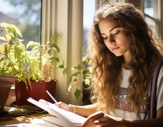 A girl reading a book near the window